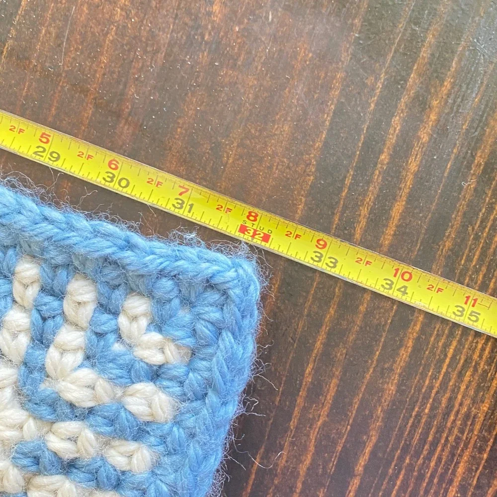 Vintage Handmade‎ Crochet Baby Blanket Blue Cream Checkered Super Soft 40x32